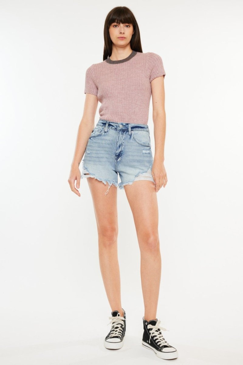 Kancan Distressed High Waist Denim Shorts with Pockets - Bottoms