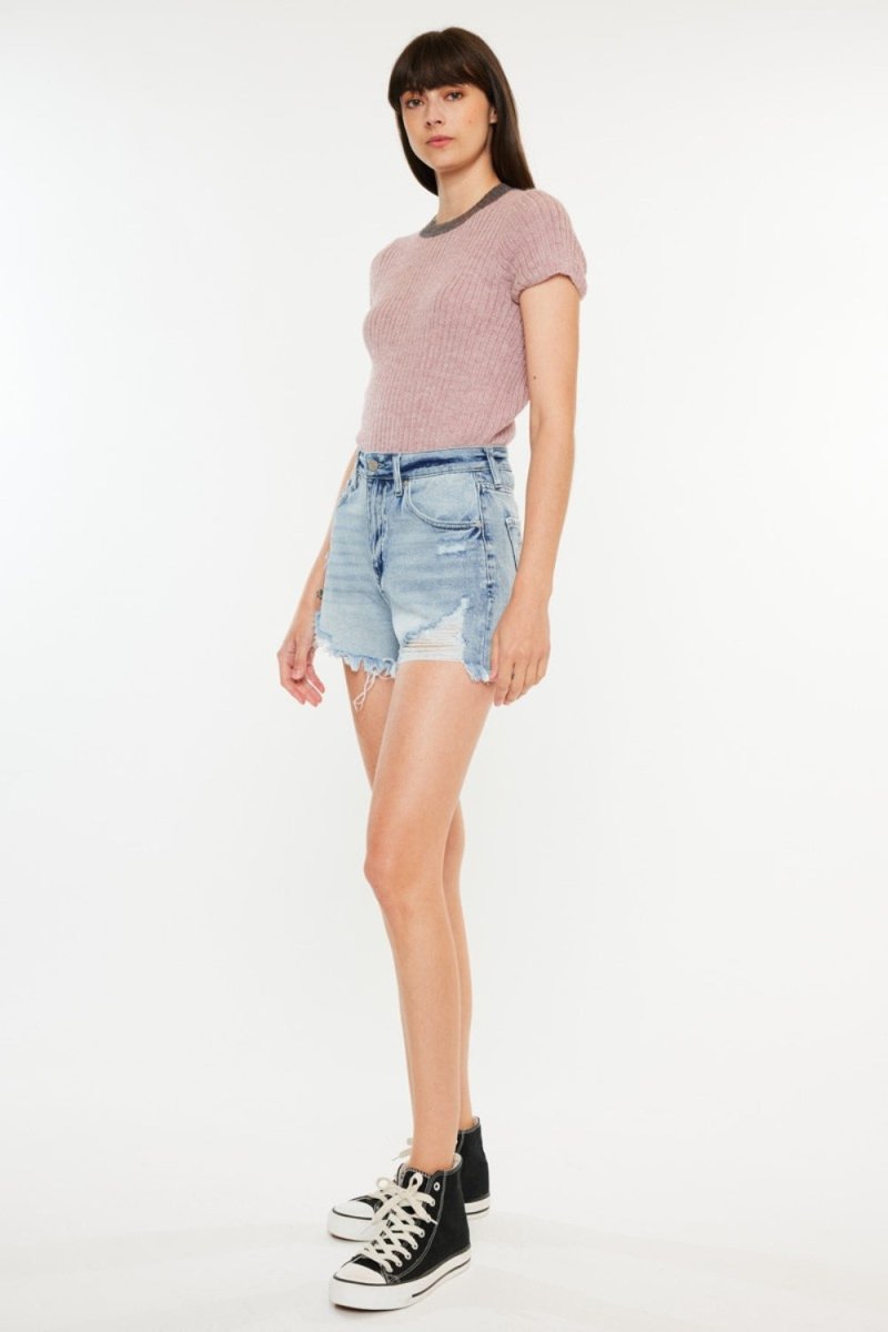 Kancan Distressed High Waist Denim Shorts with Pockets - Bottoms