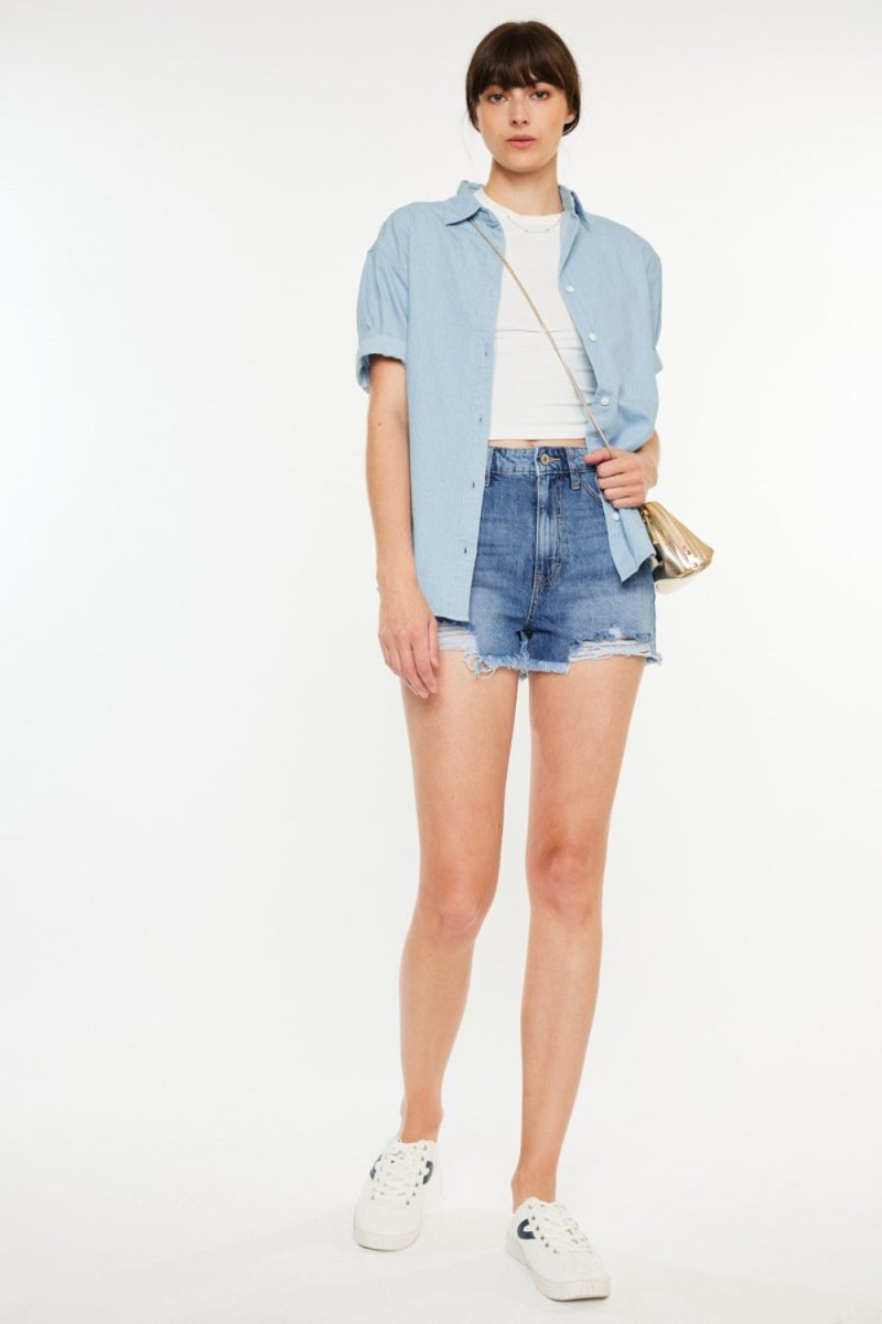 Kancan Distressed Raw Hem High Waist Denim Shorts - Bottoms