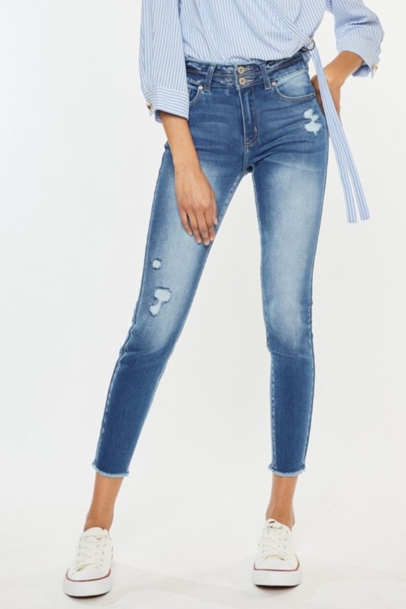 Kancan Distressed Raw Hem High Waist Jeans - Bottoms