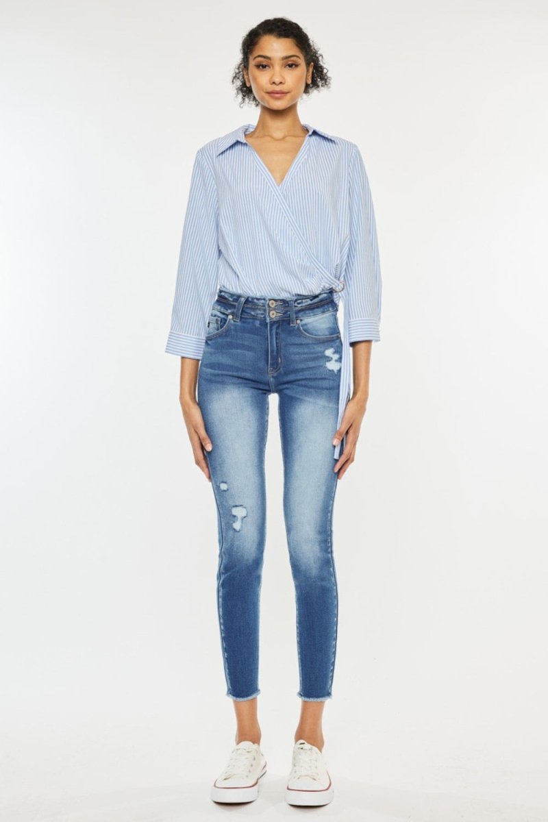 Kancan Distressed Raw Hem High Waist Jeans - Bottoms