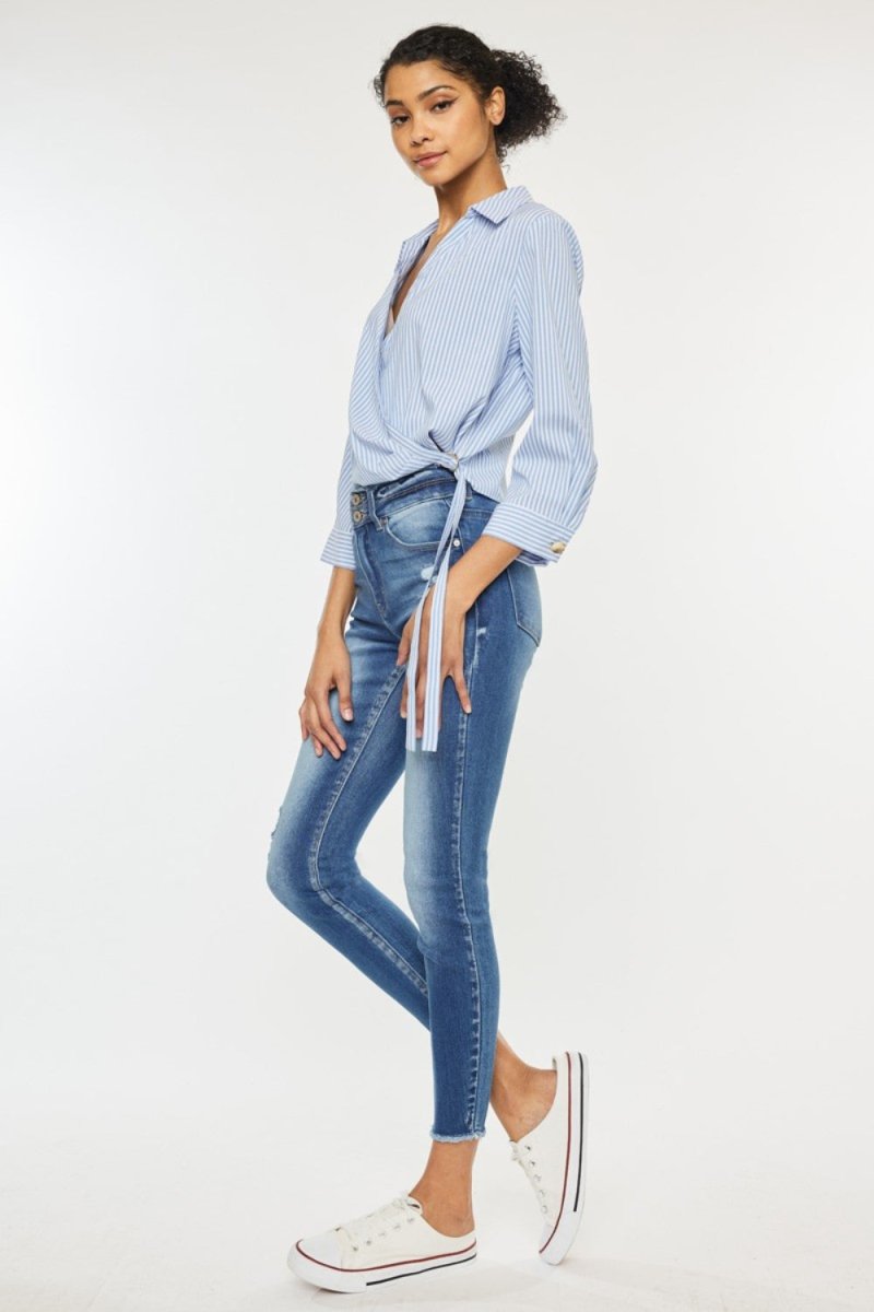 Kancan Distressed Raw Hem High Waist Jeans - Bottoms