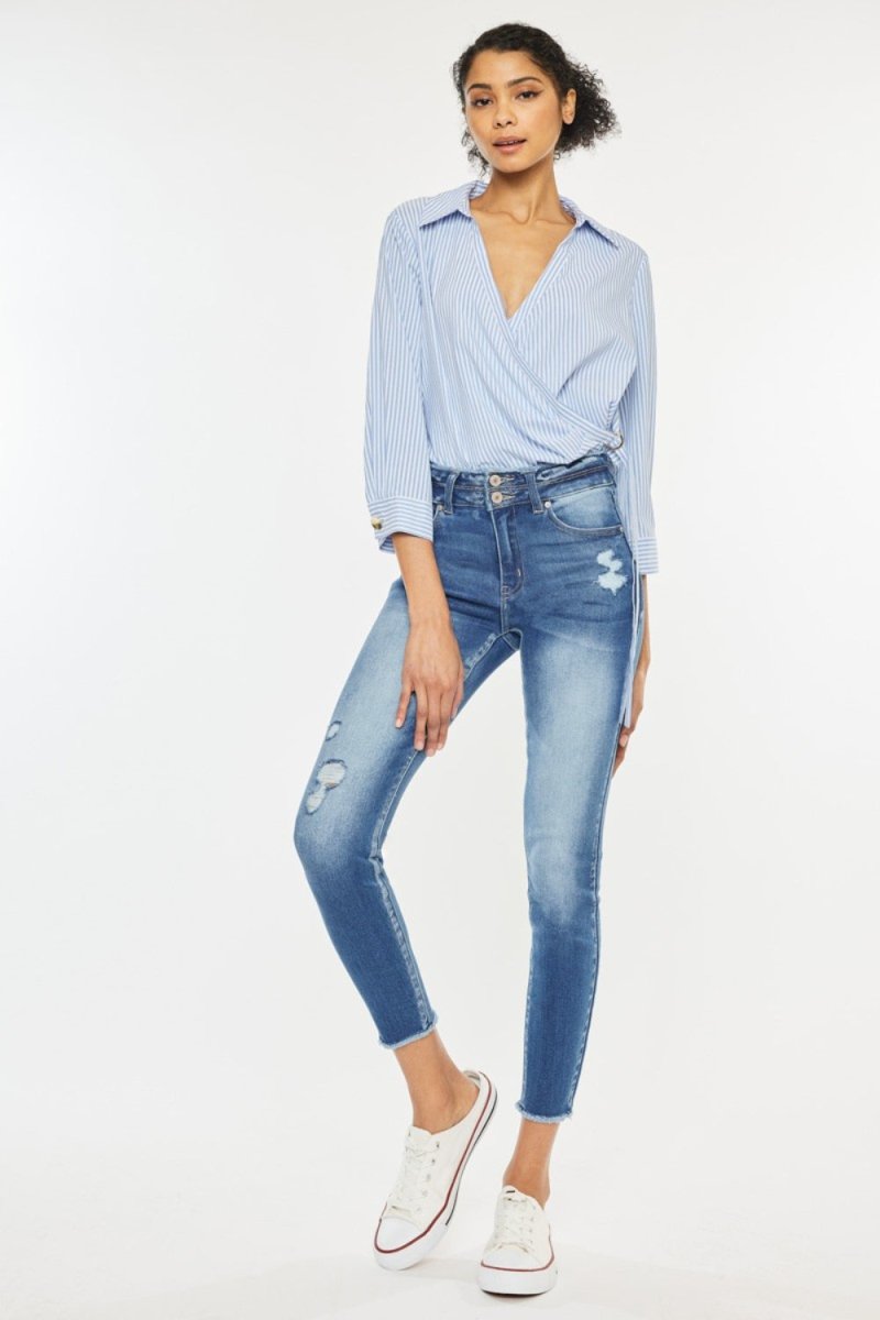 Kancan Distressed Raw Hem High Waist Jeans - Bottoms