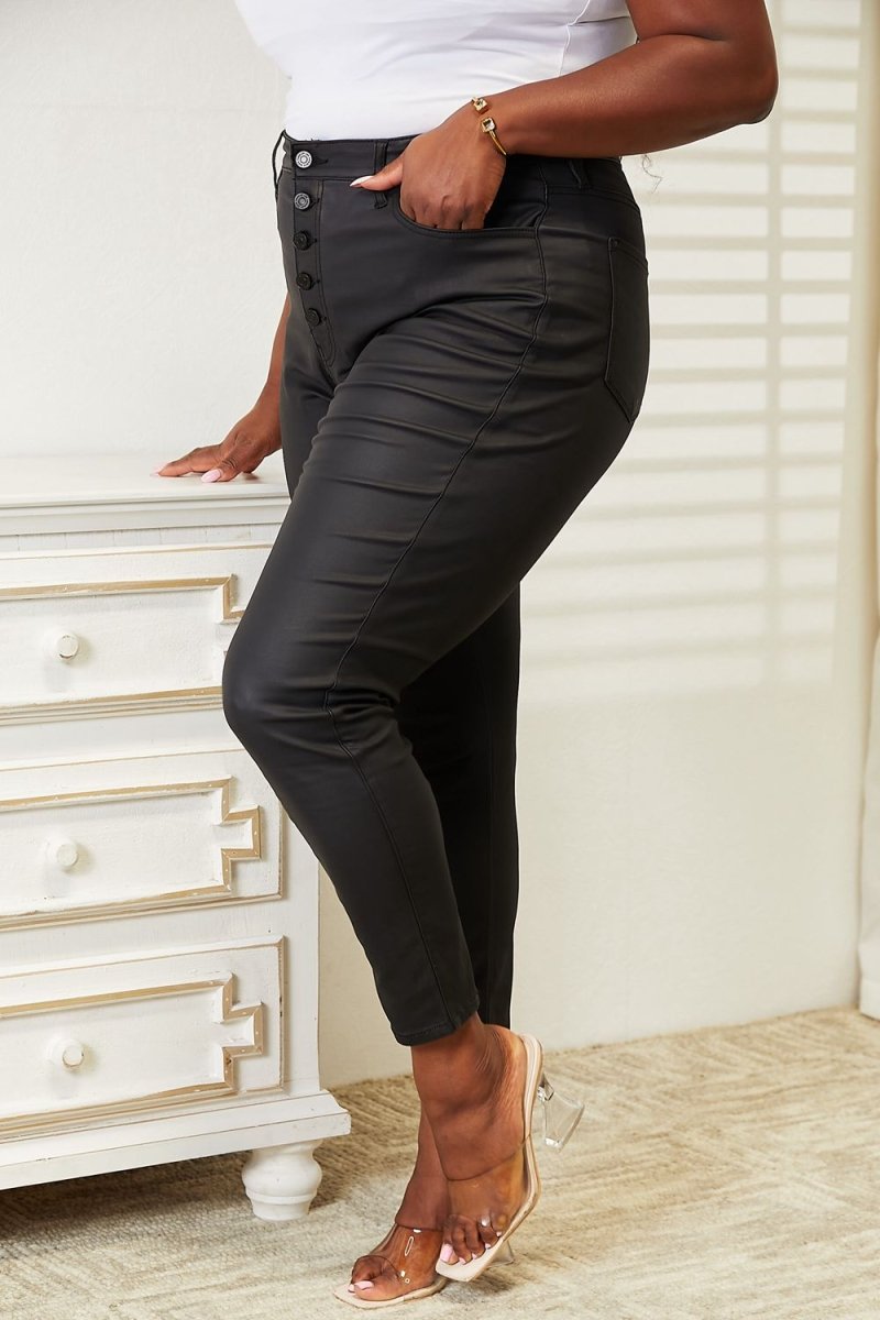 Kancan Full Size High Rise Black Coated Ankle Skinny Jeans - Bottoms