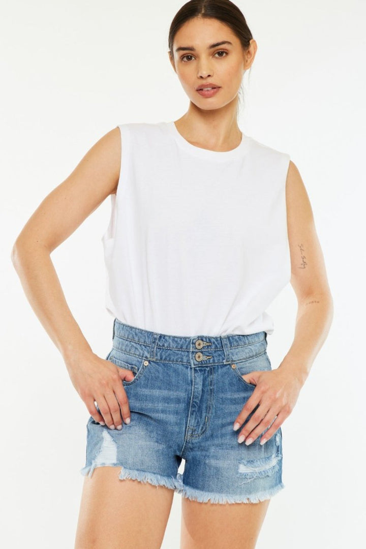 Kancan Full Size High Rise Raw Hem Denim Shorts - Bottoms
