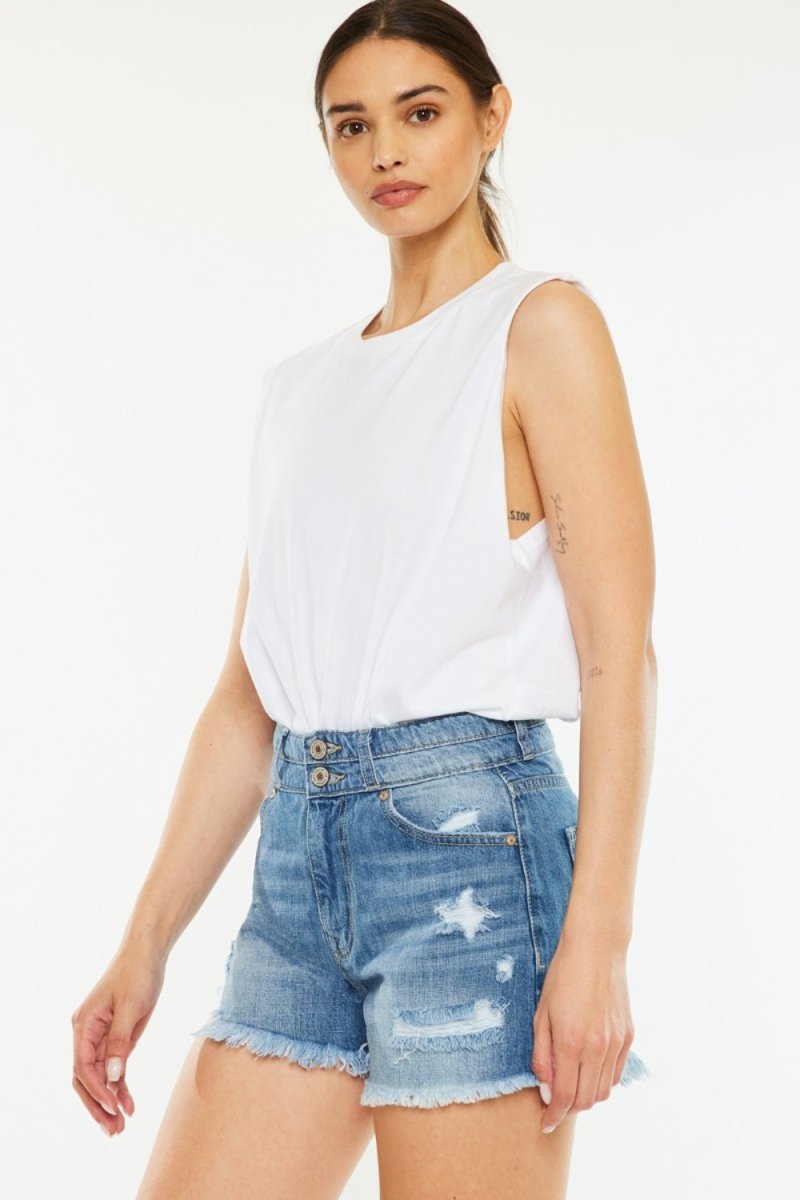 Kancan Full Size High Rise Raw Hem Denim Shorts - Bottoms