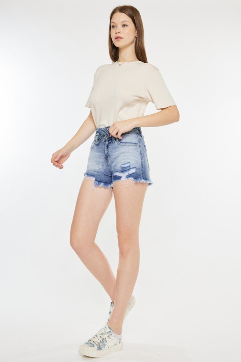Kancan High Rise Frayed Hem Denim Shorts - Bottoms