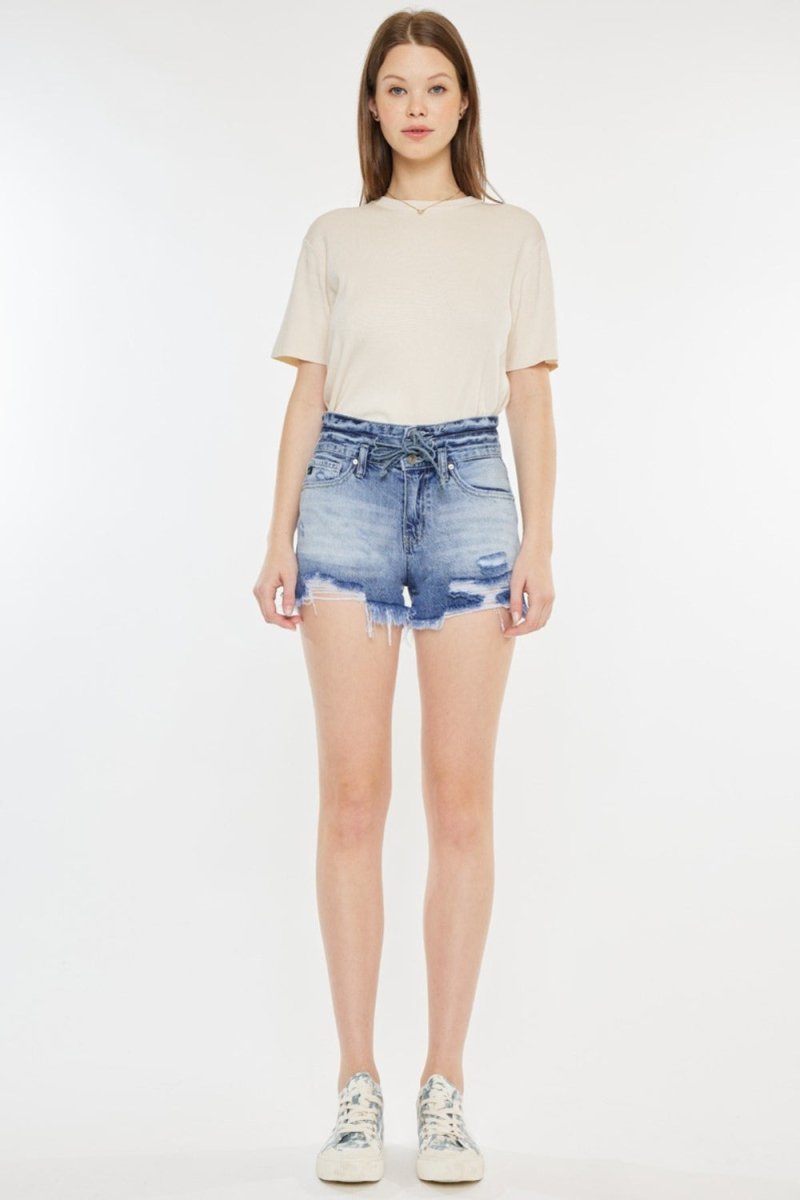 Kancan High Rise Frayed Hem Denim Shorts - Bottoms