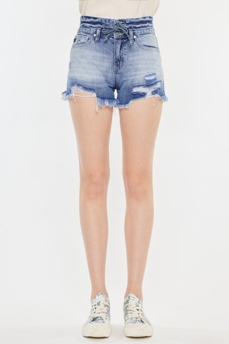 Kancan High Rise Frayed Hem Denim Shorts - Bottoms