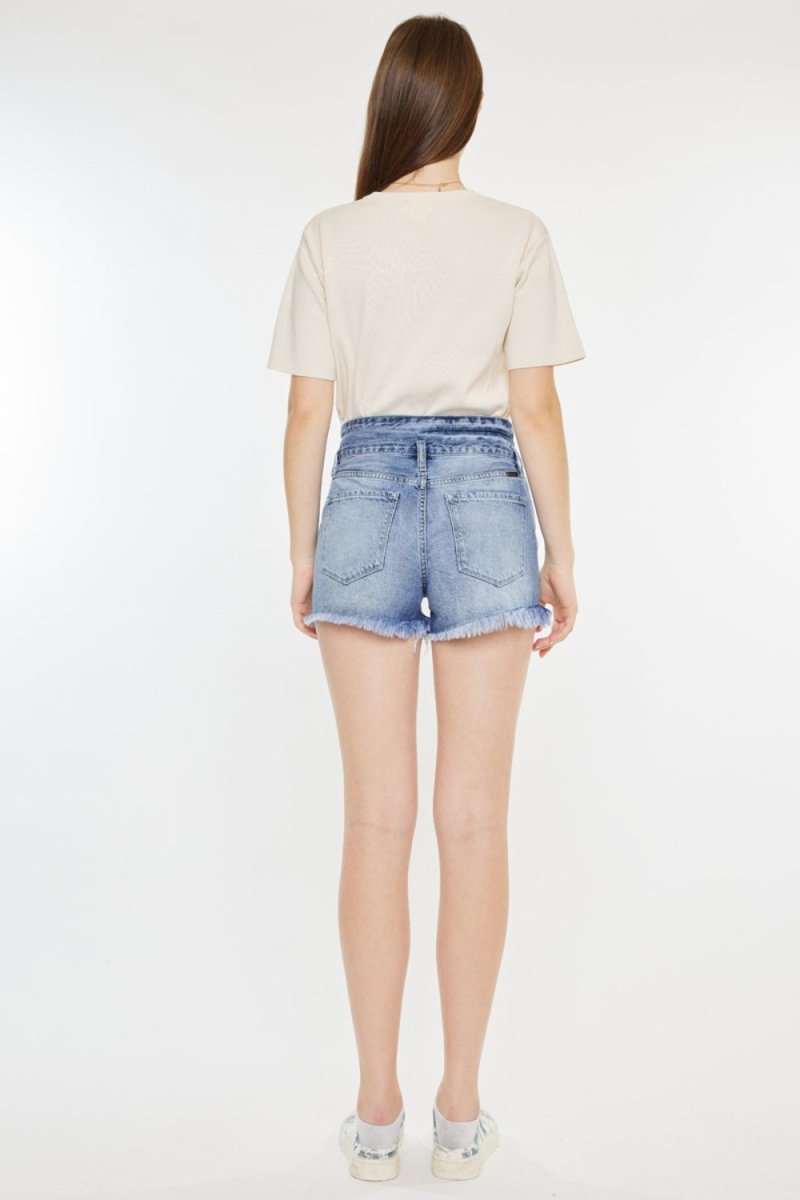 Kancan High Rise Frayed Hem Denim Shorts - Bottoms
