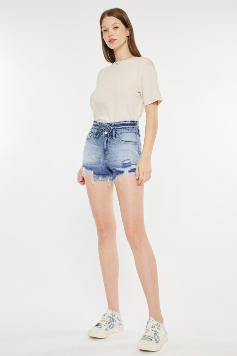 Kancan High Rise Frayed Hem Denim Shorts - Bottoms