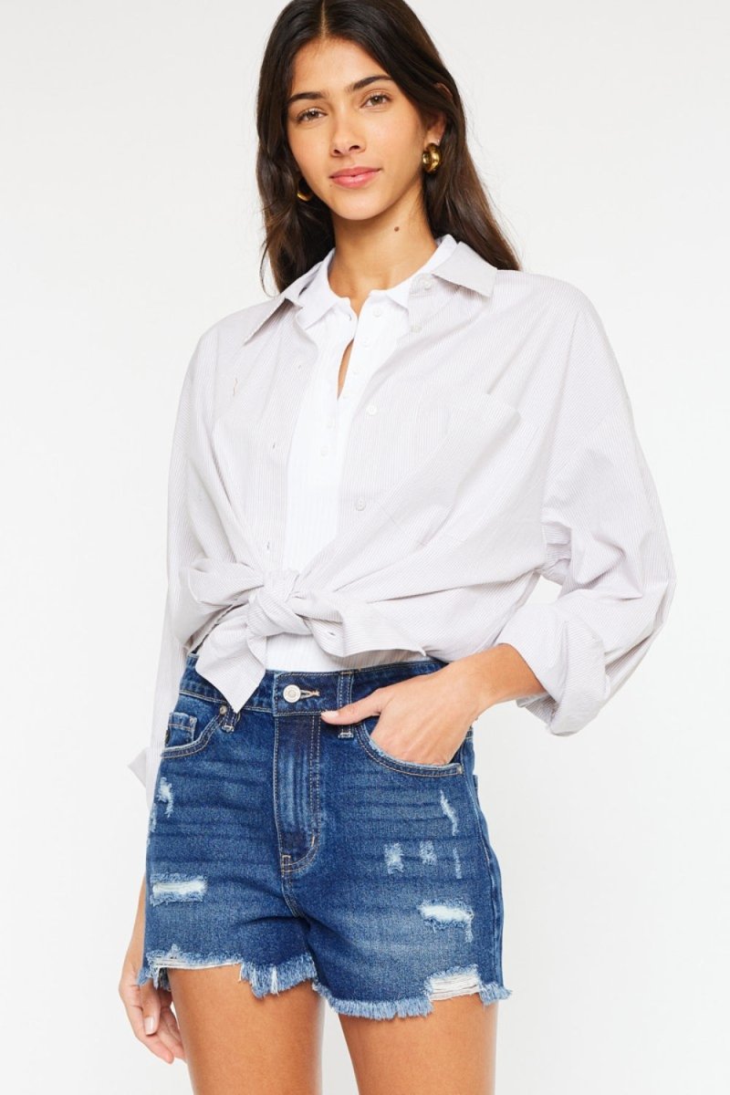 Kancan High Rise Frayed Hem Denim Shorts - Bottoms
