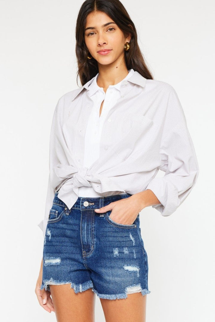 Kancan High Rise Frayed Hem Denim Shorts - Bottoms