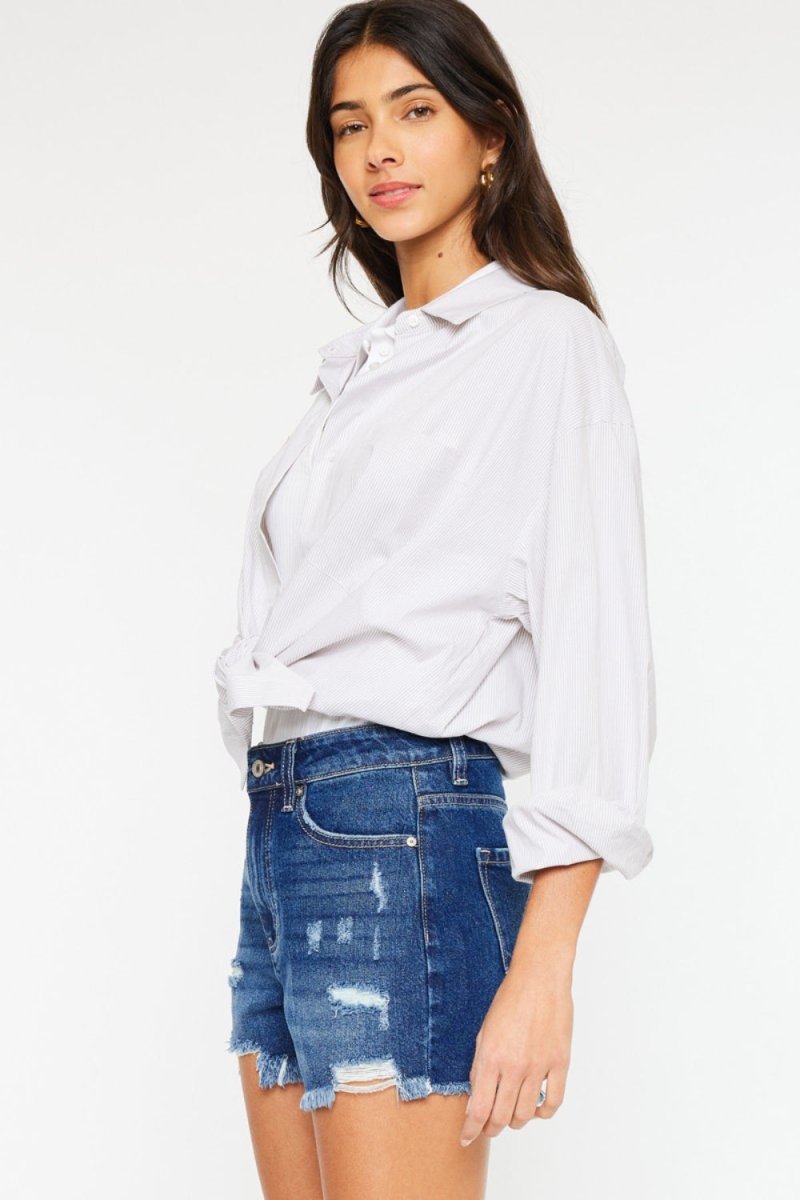 Kancan High Rise Frayed Hem Denim Shorts - Bottoms