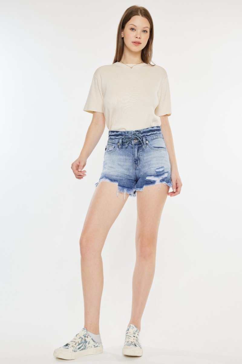 Kancan High Rise Frayed Hem Denim Shorts - Bottoms