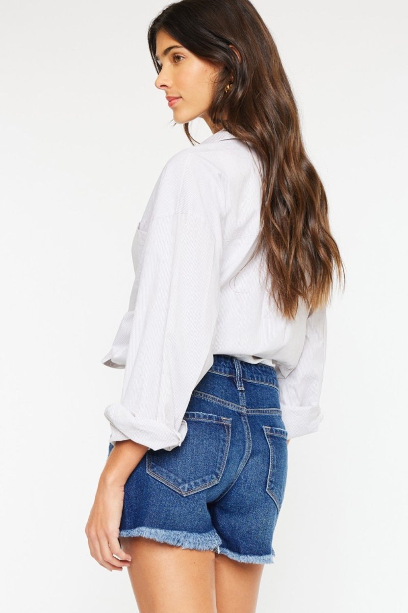 Kancan High Rise Frayed Hem Denim Shorts - Bottoms