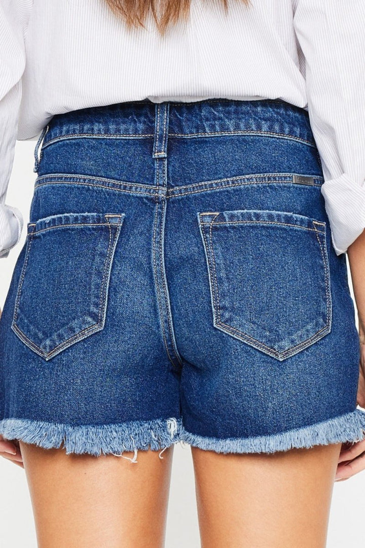 Kancan High Rise Frayed Hem Denim Shorts - Bottoms