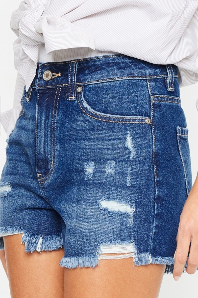 Kancan High Rise Frayed Hem Denim Shorts - Bottoms