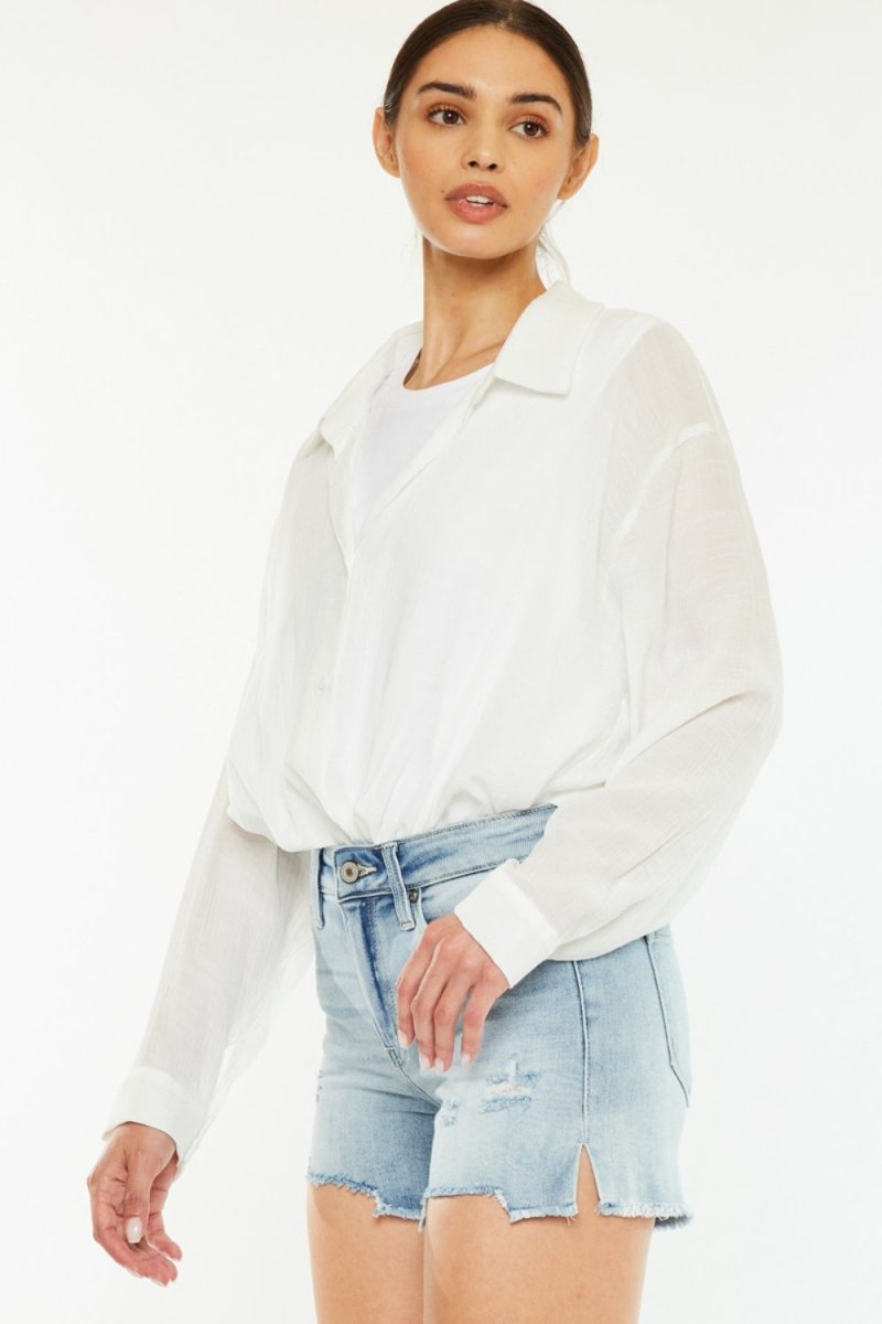Kancan High Rise Side Slit Denim Shorts - Bottoms