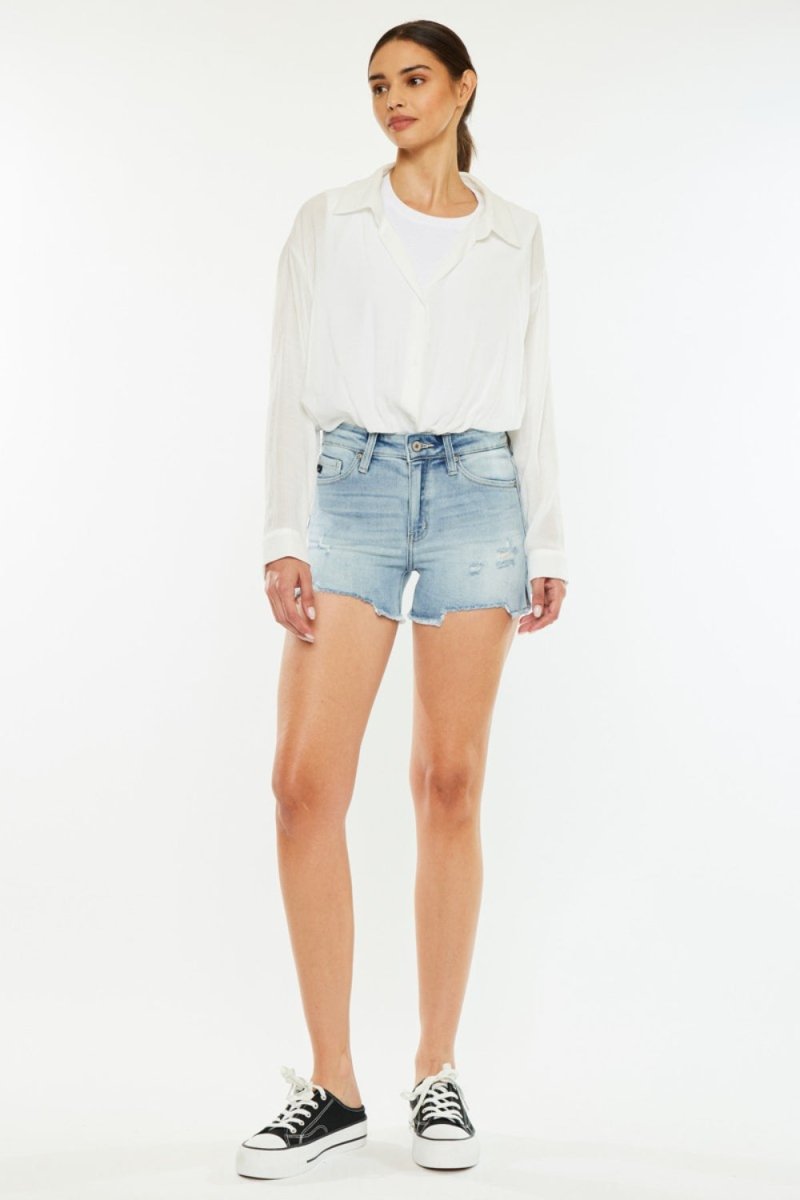 Kancan High Rise Side Slit Denim Shorts - Bottoms