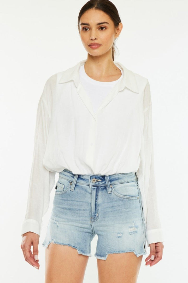 Kancan High Rise Side Slit Denim Shorts - Bottoms