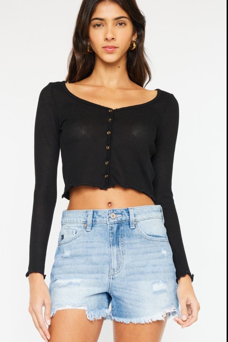 Kancan High Waist Frayed Denim Shorts - Bottoms