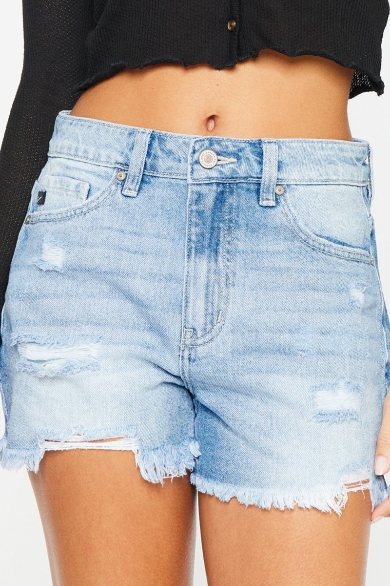 Kancan High Waist Frayed Denim Shorts - Bottoms