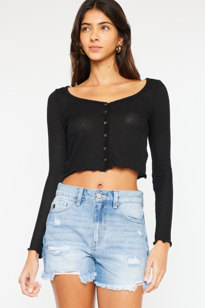 Kancan High Waist Frayed Denim Shorts - Bottoms