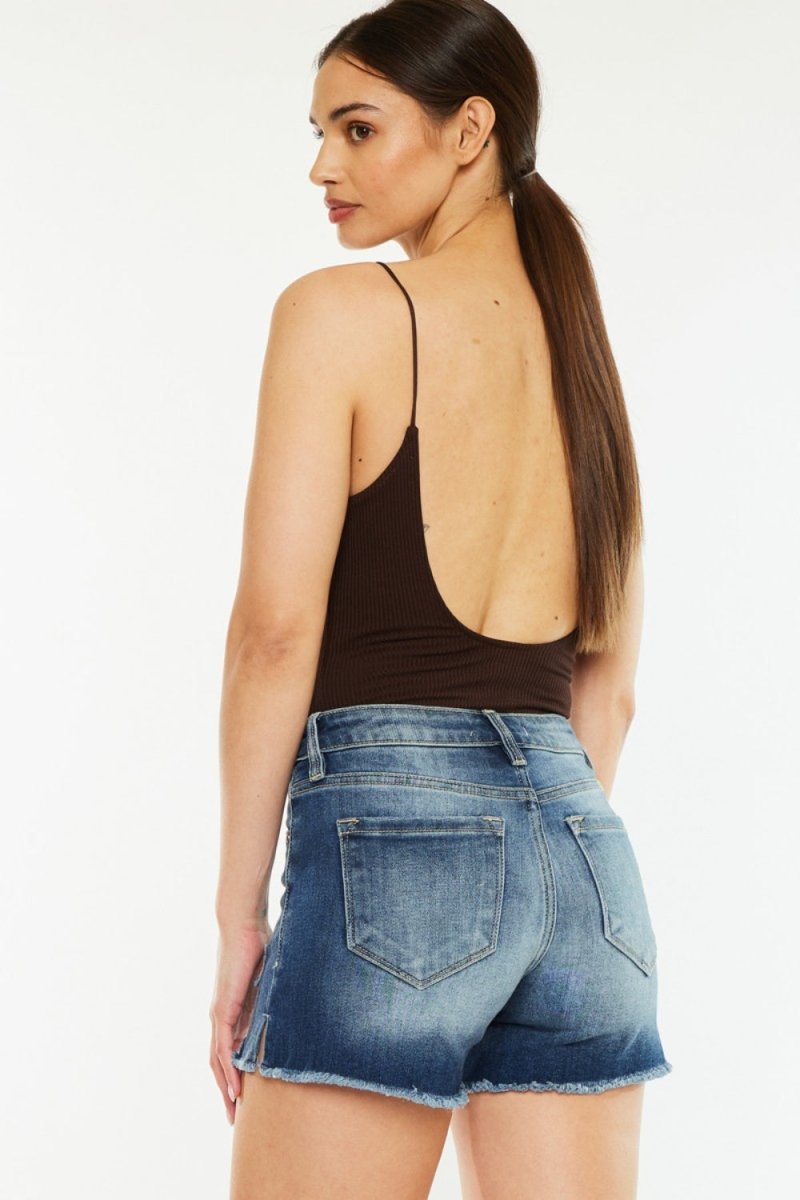 Kancan High Waist Raw Hem Denim Shorts - Bottoms