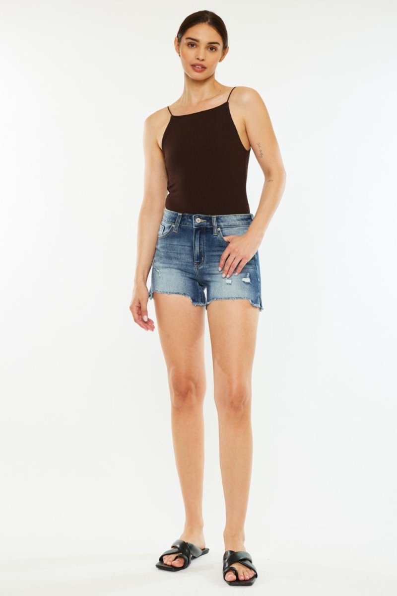 Kancan High Waist Raw Hem Denim Shorts - Bottoms