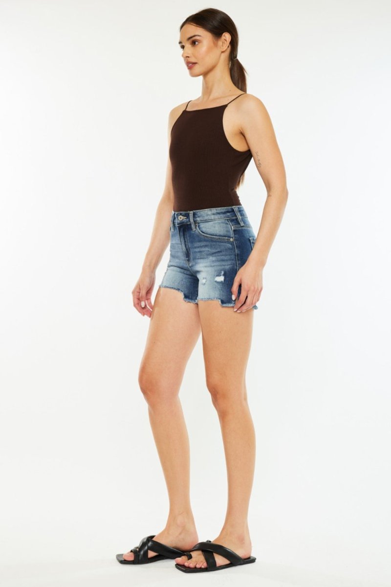 Kancan High Waist Raw Hem Denim Shorts - Bottoms