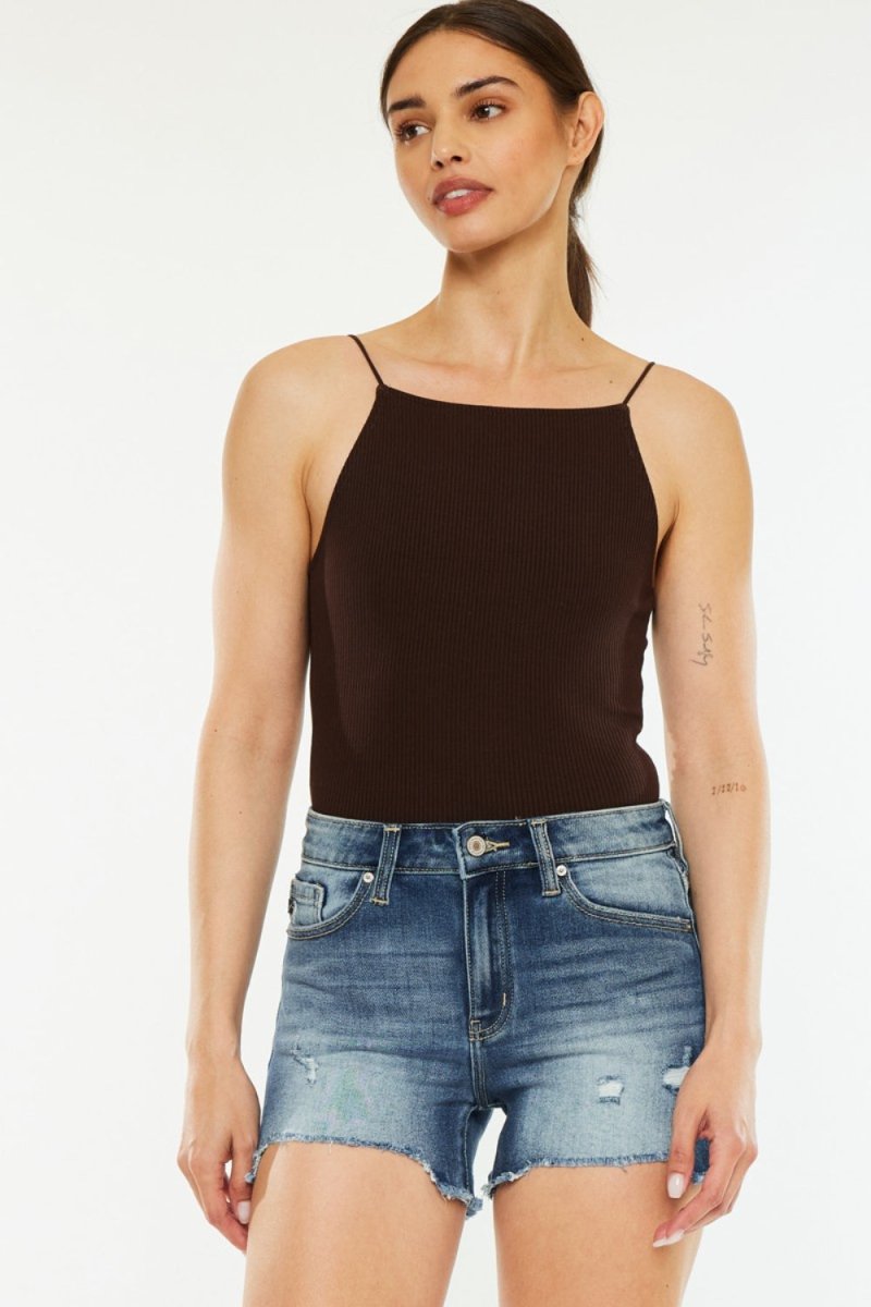 Kancan High Waist Raw Hem Denim Shorts - Bottoms