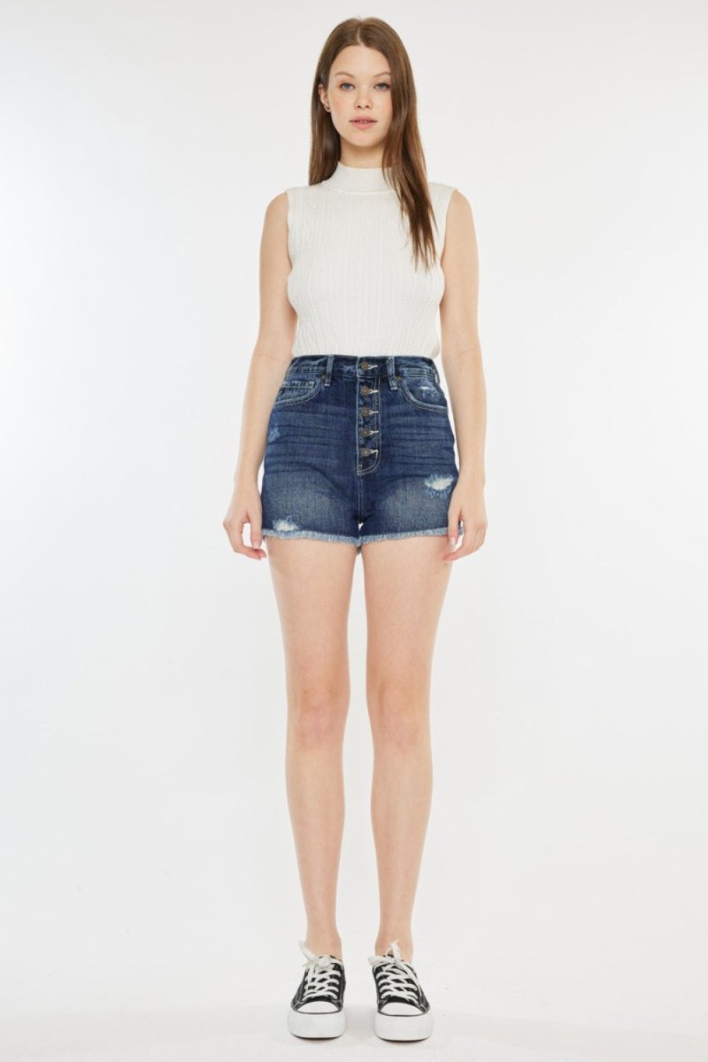 Kancan Raw Hem Button Fly Denim Shorts - Bottoms
