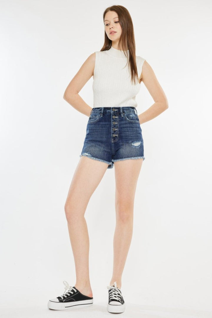 Kancan Raw Hem Button Fly Denim Shorts - Bottoms