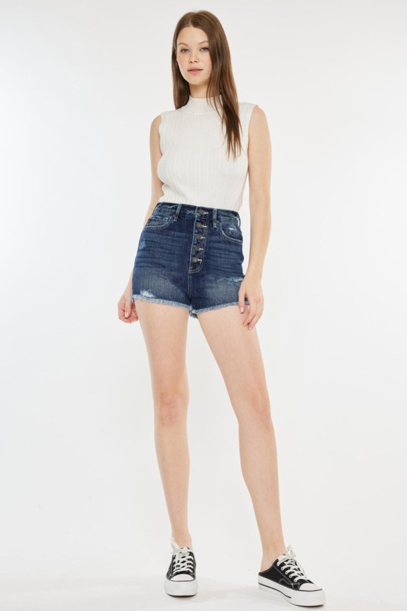 Kancan Raw Hem Button Fly Denim Shorts - Bottoms