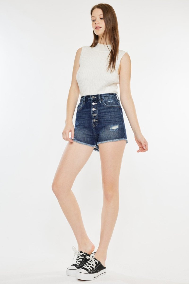 Kancan Raw Hem Button Fly Denim Shorts - Bottoms
