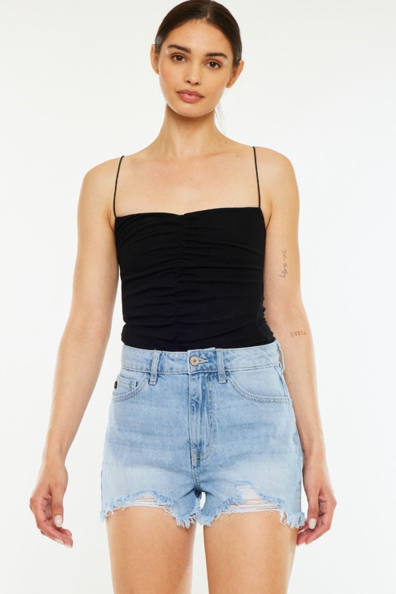 Kancan Raw Hem Distressed High Waist Denim Shorts - Bottoms