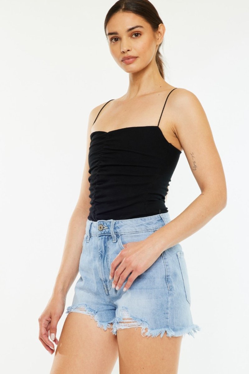 Kancan Raw Hem Distressed High Waist Denim Shorts - Bottoms