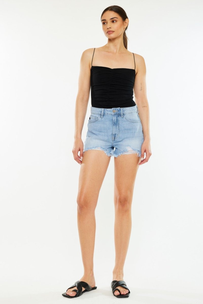 Kancan Raw Hem Distressed High Waist Denim Shorts - Bottoms