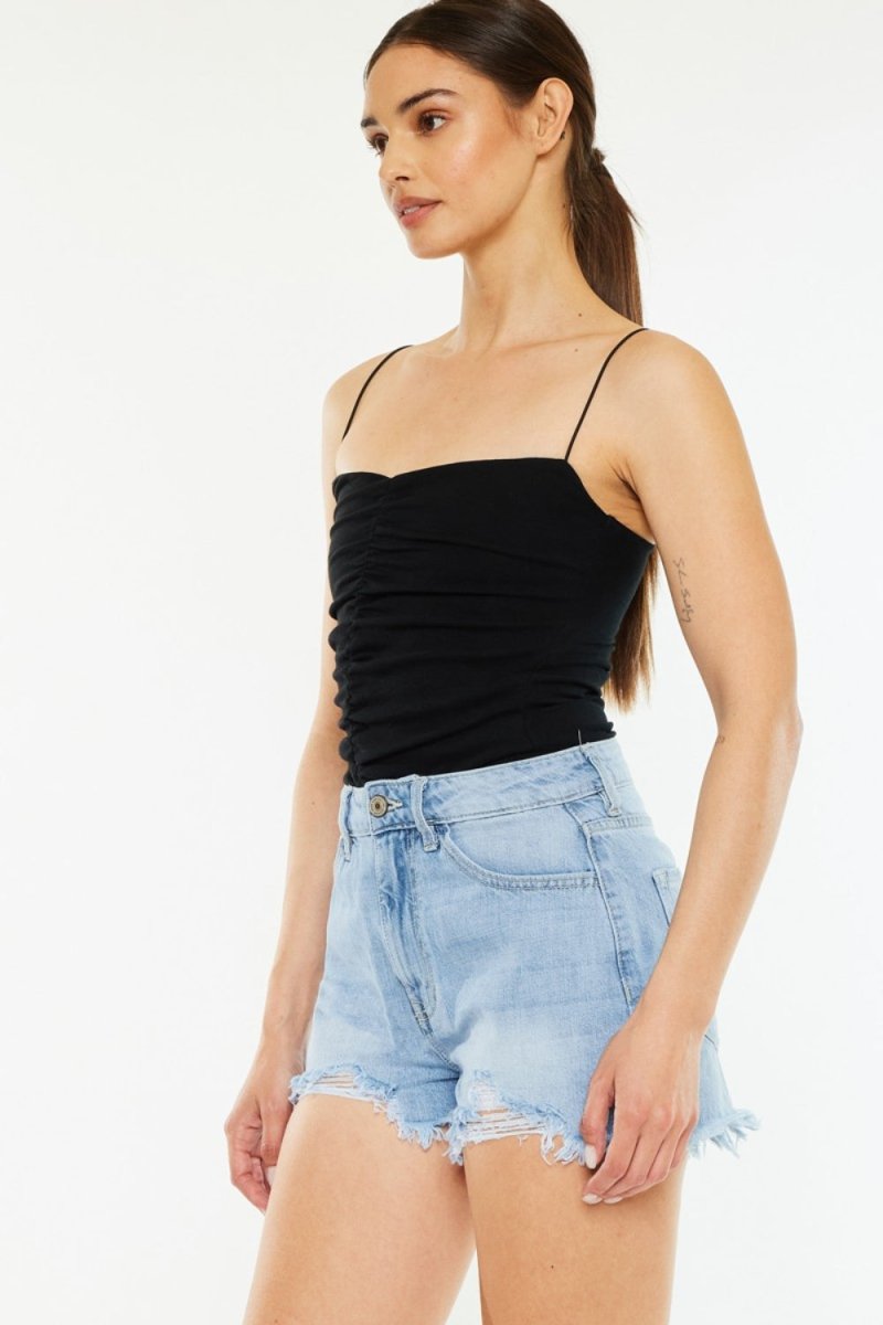 Kancan Raw Hem Distressed High Waist Denim Shorts - Bottoms