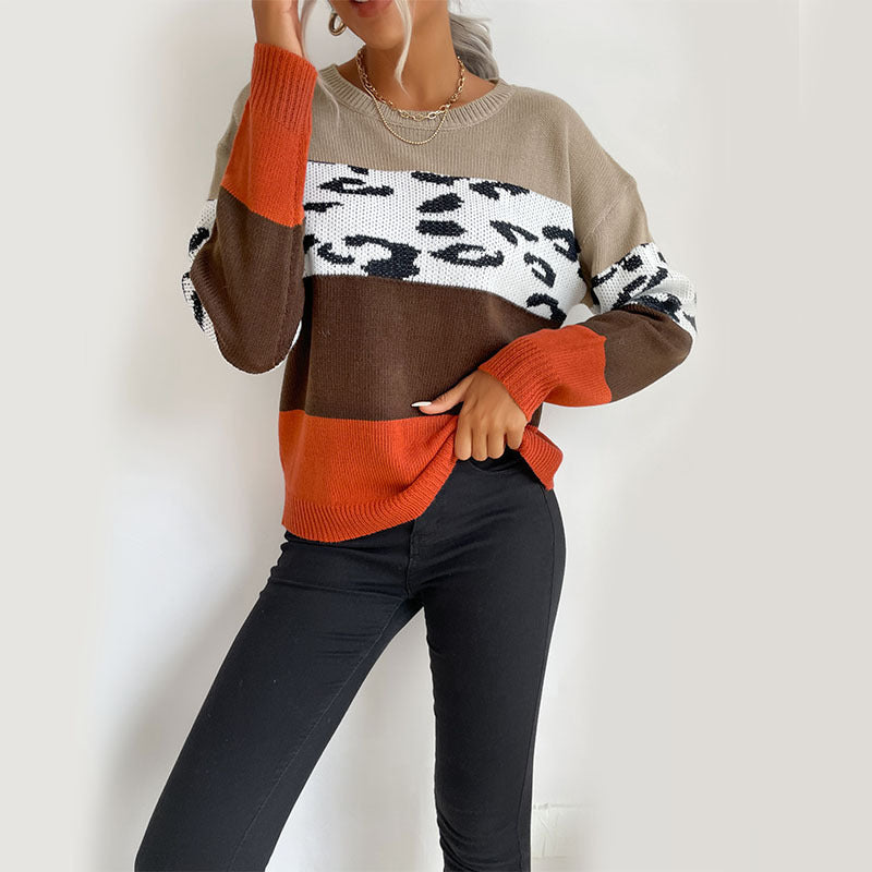 Top Leopard Print Colorblock Long Sleeve Sweater