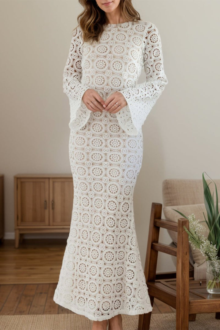 Lace Backless Round Neck Flare Sleeve Dress - Formal Dress
