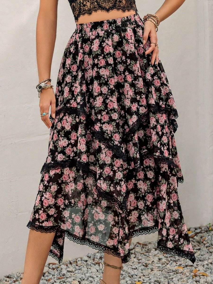 Lace Detail Layered Printed Skirt - Bottoms