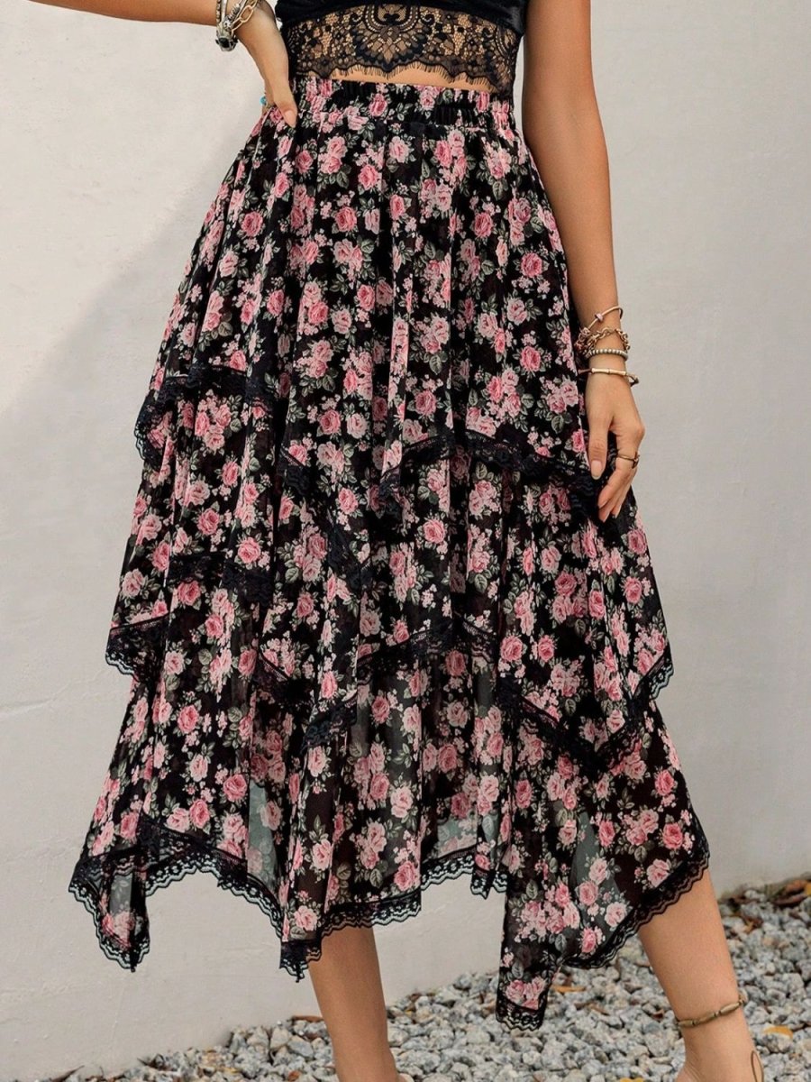 Lace Detail Layered Printed Skirt - Bottoms