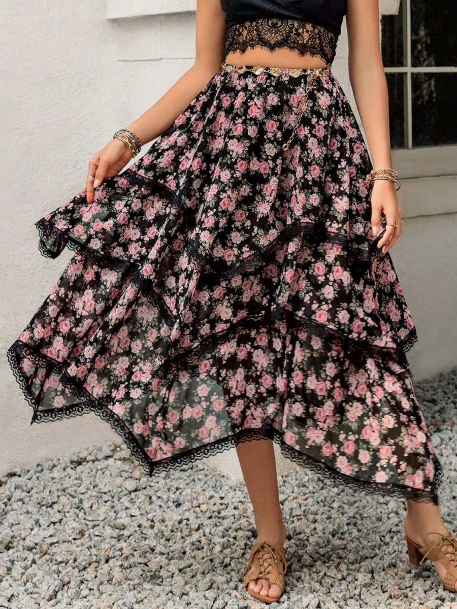 Lace Detail Layered Printed Skirt - Bottoms