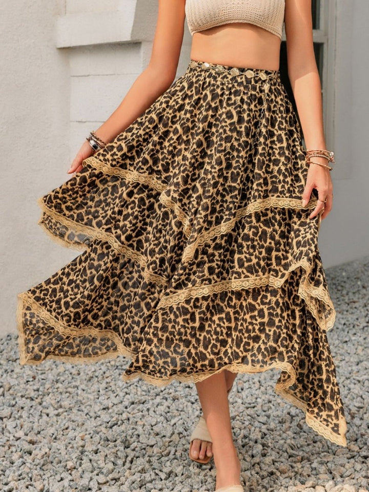 Lace Detail Layered Printed Skirt - Bottoms
