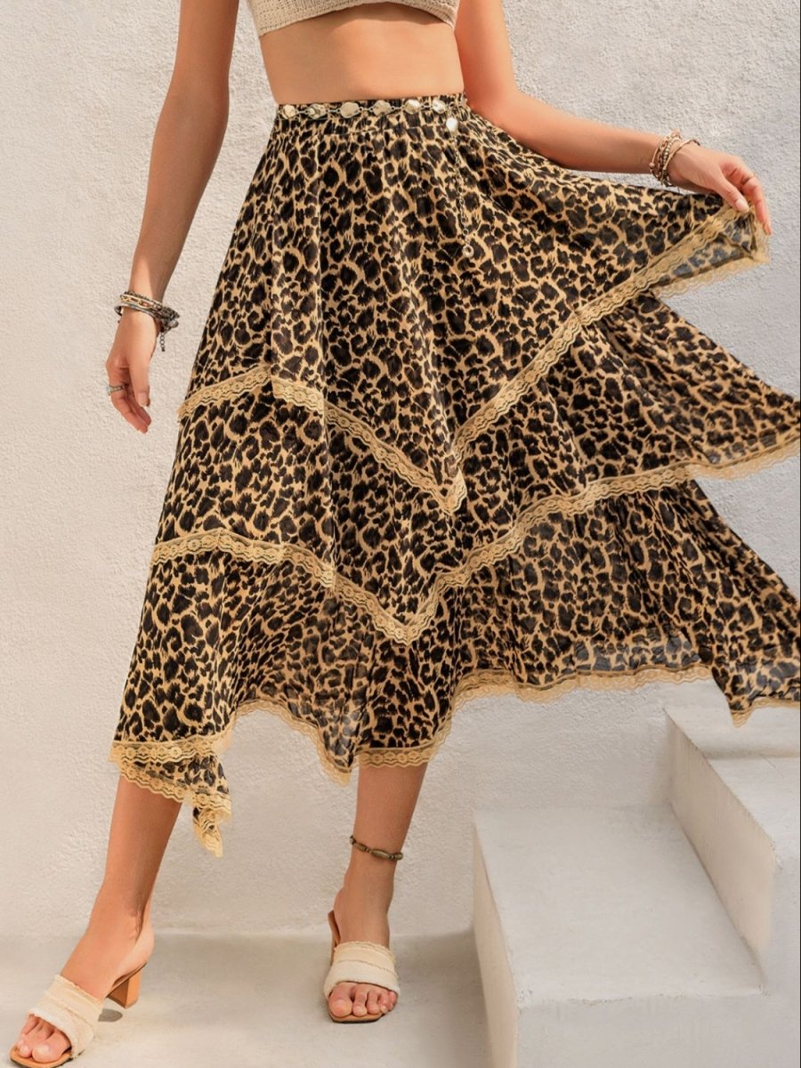 Lace Detail Layered Printed Skirt - Bottoms