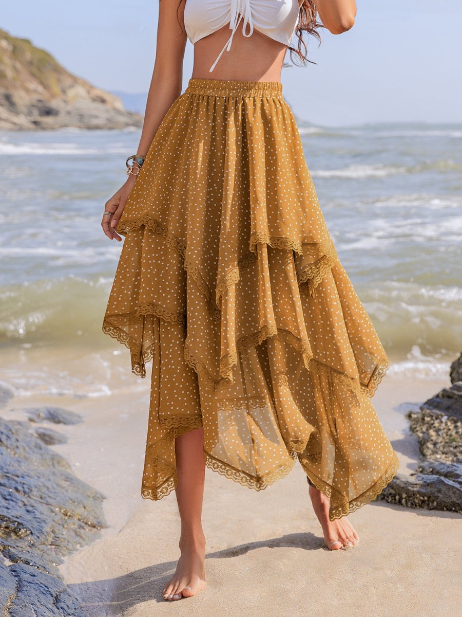 Lace Detail Layered Printed Skirt - Bottoms
