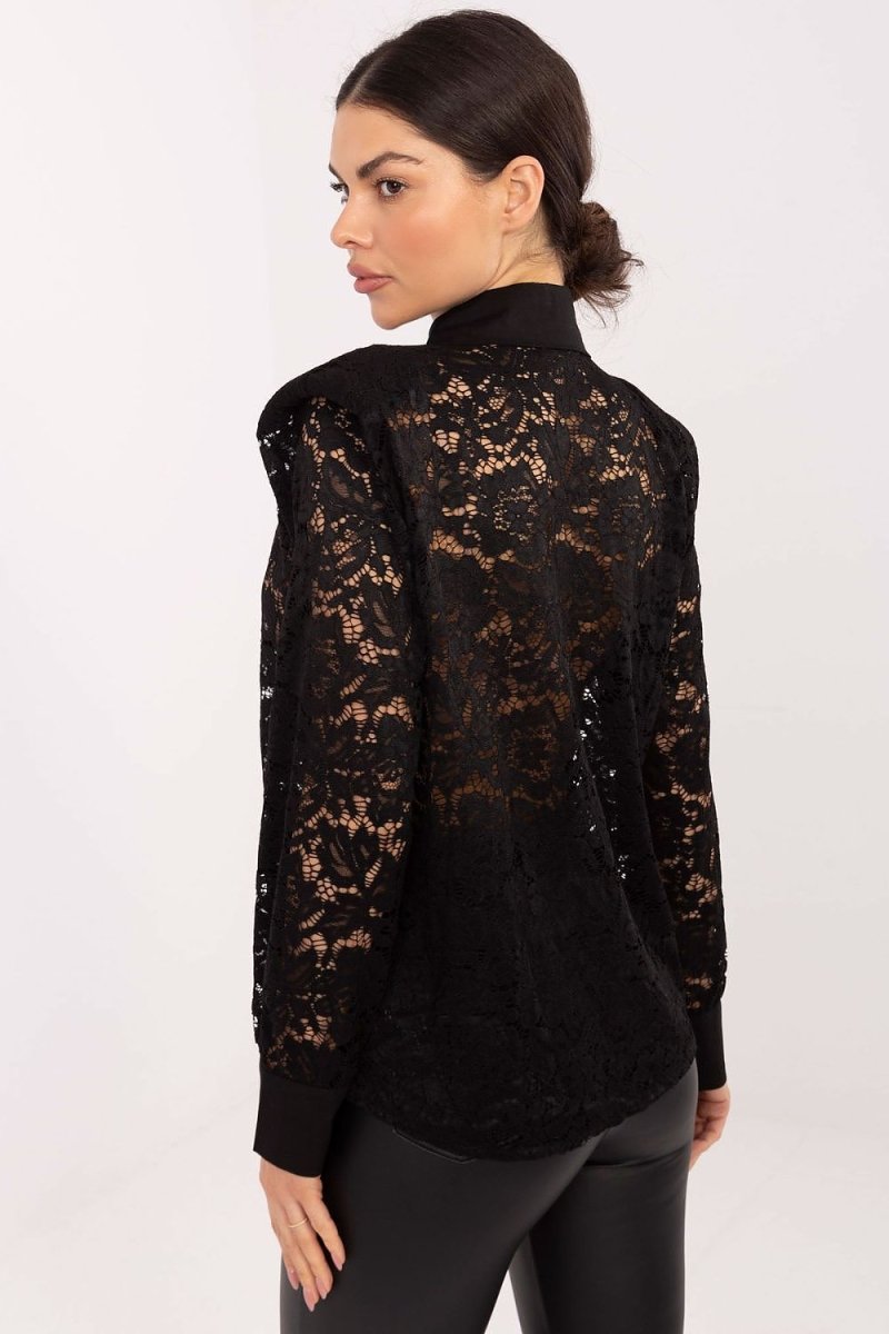 Lace Long Sleeve Shirt with Collar - 