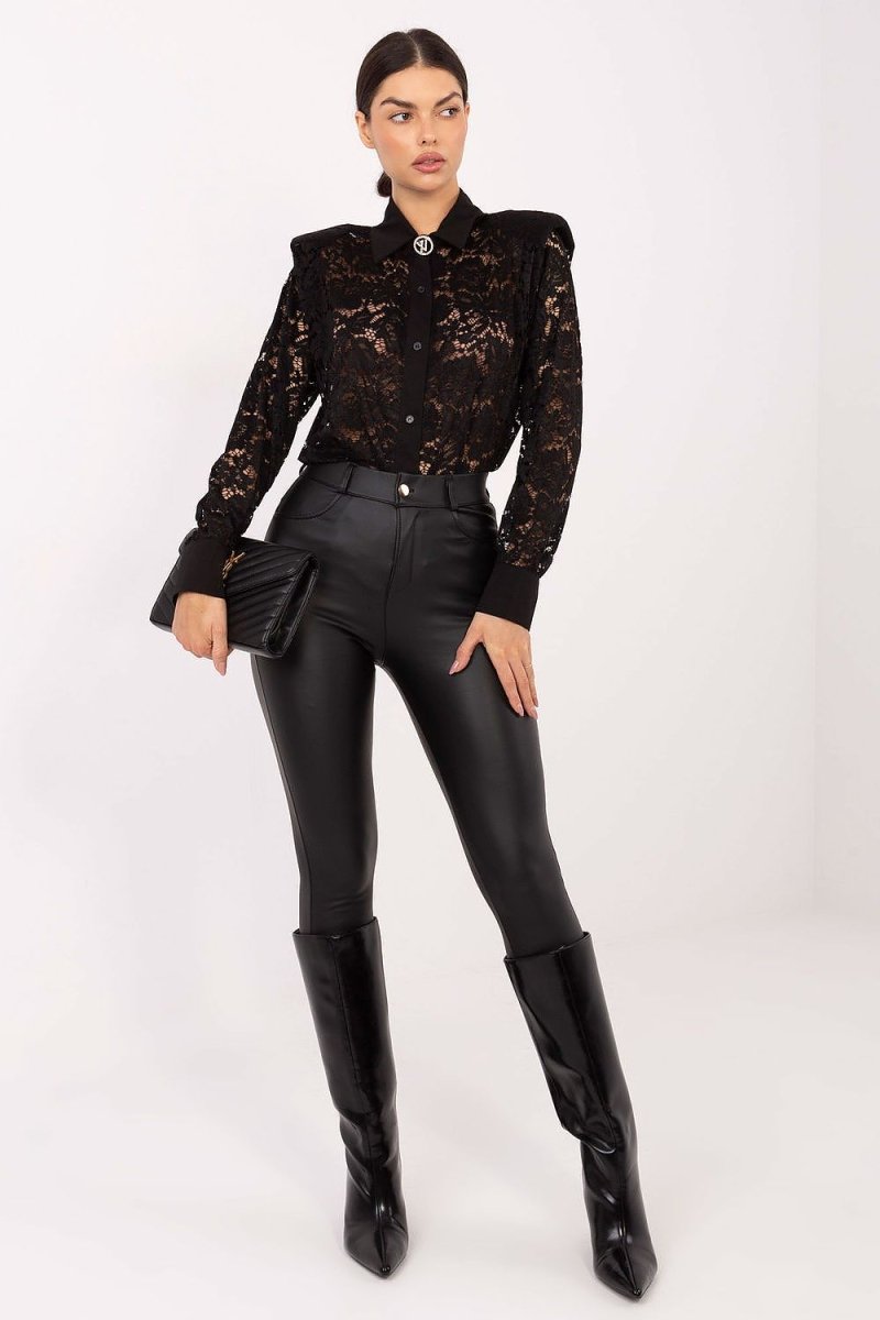 Lace Long Sleeve Shirt with Collar - 